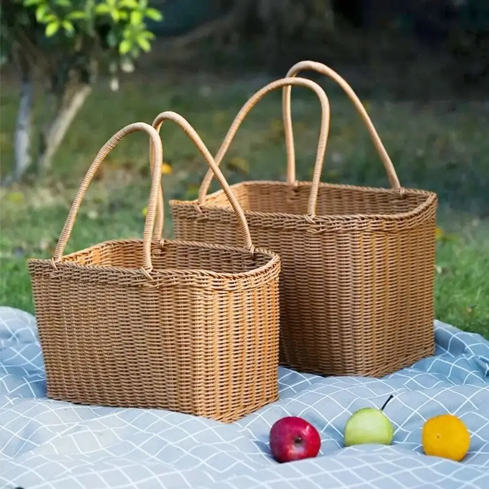 

Home Storage Organizer Rattan Woven Basket With Handle Portable Picnic Basket Handwoven Rectangular Flower Basket Fruit