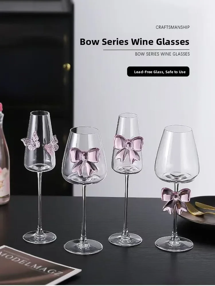 Charming Crystal Wine Glasses Pink  Knot High Foot Champagne Glasses Girl Cup Unique Cute Red Wine Glasses Set