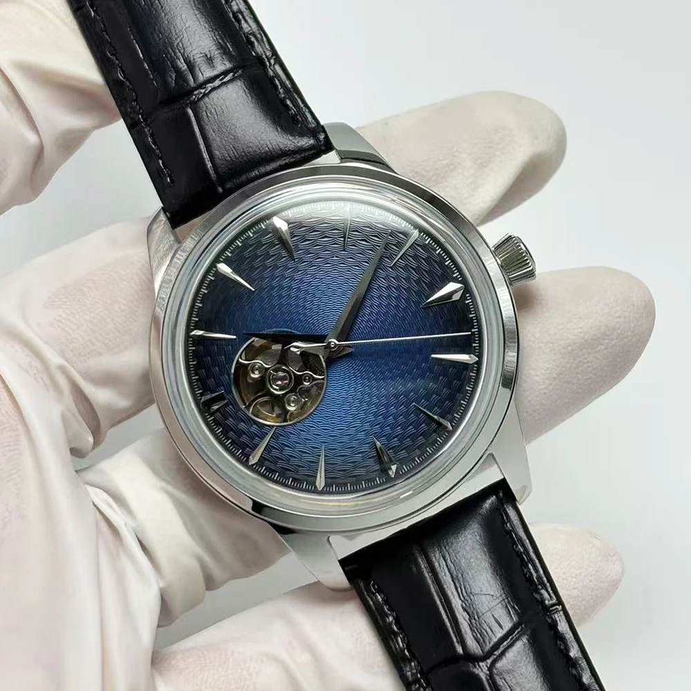 Men's Elegant and Profound Blue Wristwatch, Black Leather Strap, Transparent Back Cover, NH38 Automatic Mechanical Watch