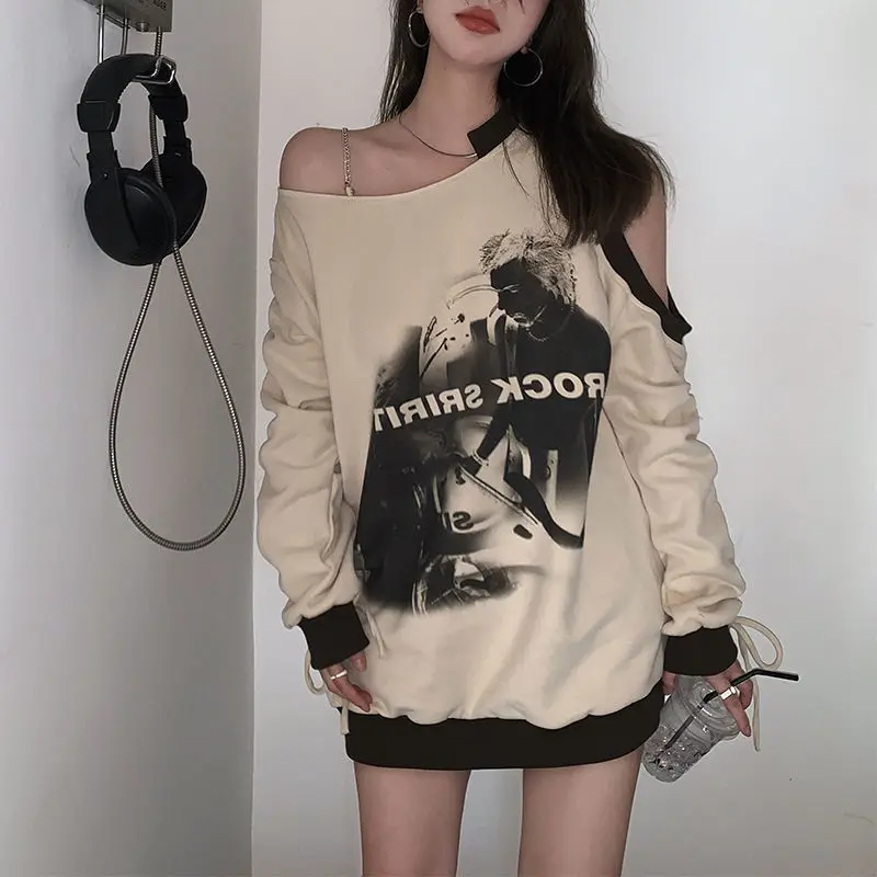 Punk Grunge Vintage Print Off Shoulder Hoodie Women Bandage Drawstring Long Sleeve Loose Sweatshirt 2024 Autumn Fashion Y2k Top