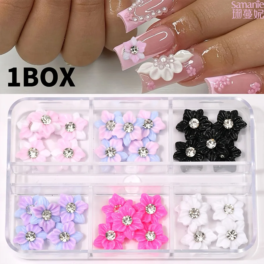 1 Box 6 Grids 3D Flower Nail Charms Mixed Color Floral Nail Ornaments With Rhinestone Center Sweet Multi Color Nail Art Decor for DIY Manicure Salon