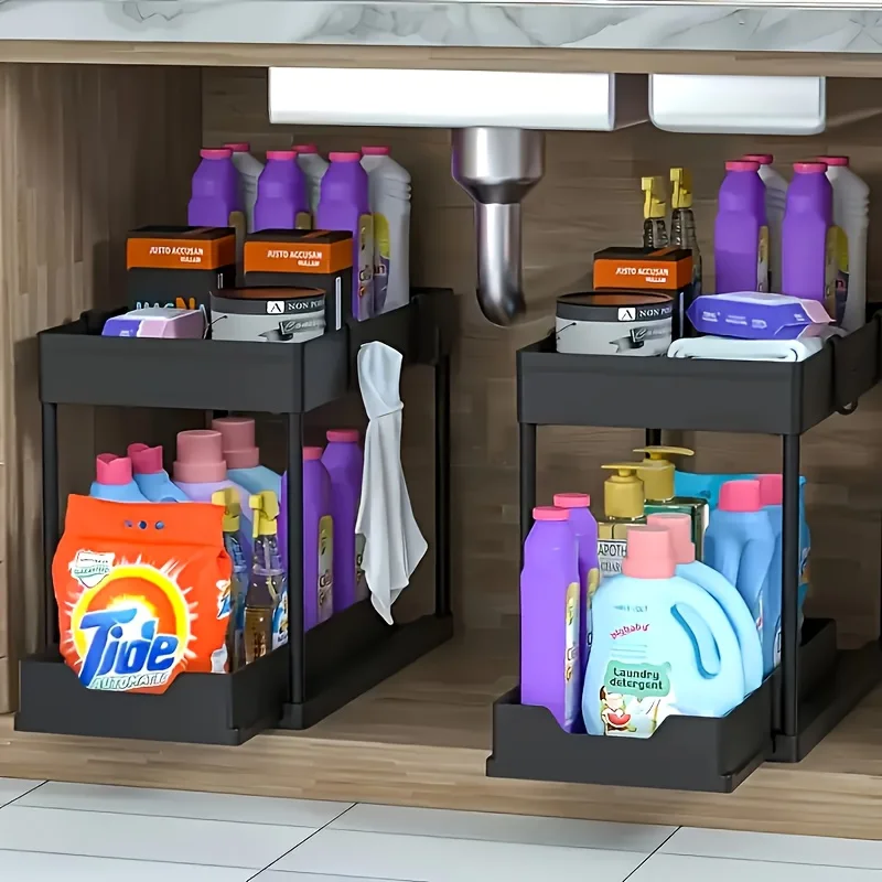 

Sliding Under Sink Organizer with Metal Frame, Black/White Plastic Storage Basket, Suitable for Kitchen Spices, Cosmetics