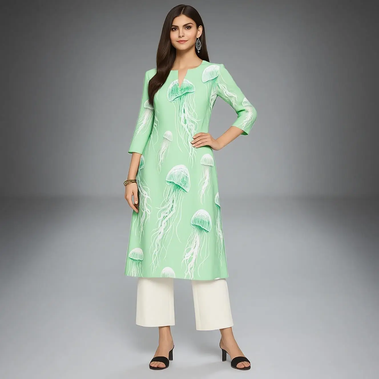 Muslim Dress Kurtta Women Fashionable And Elegant National Style Straight Tube Casual Round Neck Colorful Elephant Pattern Dress