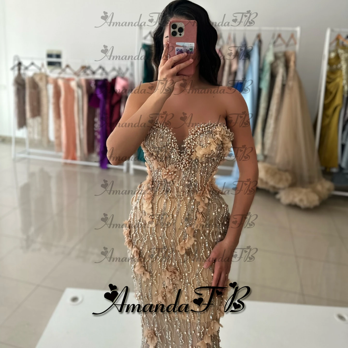 أماندا فساتين سهرة رائعة مطرزة بالخرز لؤلؤ البوق على شكل قلب زهور ثلاثية الأبعاد فستان رسمي للحفلات فيستدوس دي فييستا مخصص #2