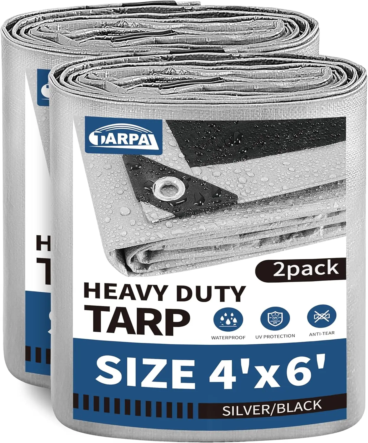 

Small Tarps 4x6 Feet (2-Pack) Heavy Duty Waterproof Cover, UV Protection, Reinforced Edges, Silver/Black