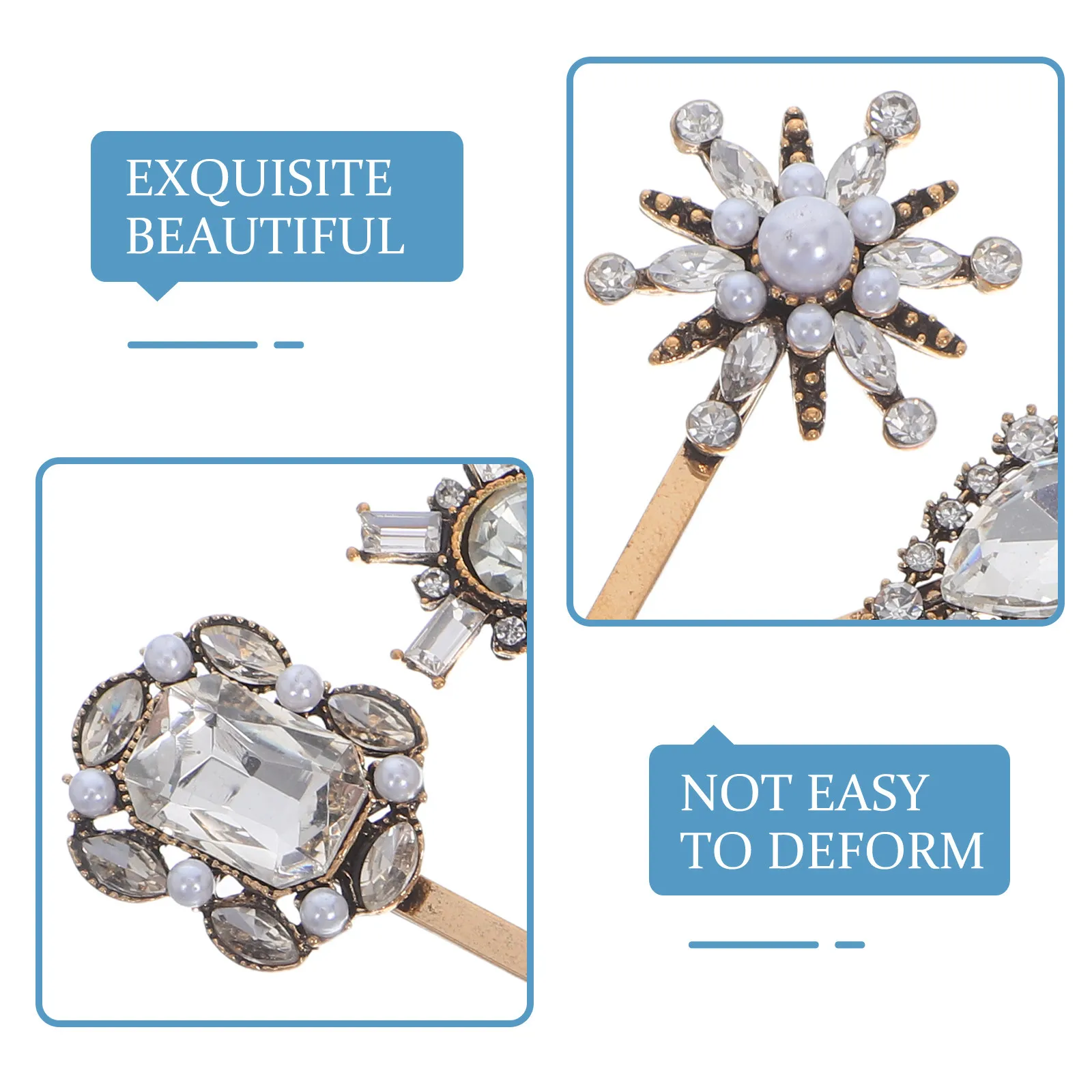 4Pcs Vintage Hair Barrettes for Women Sparkly Rhinestone Barrettes with Simulation Pearls Decorative Bobby Pins for Bangs French