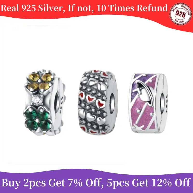 Original New Pandora Sterling Silver 925 Beads Four Leaf Clovers Heart Universe Locating Buckle Charms For Jewelry Making