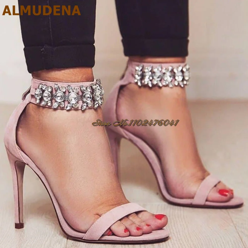 

ALMUDENA Designer Bling Bling Crystal Ankle Strap Gladiator Sandals Pink Black Suede Stiletto Heels Single Strap Wedding Shoes