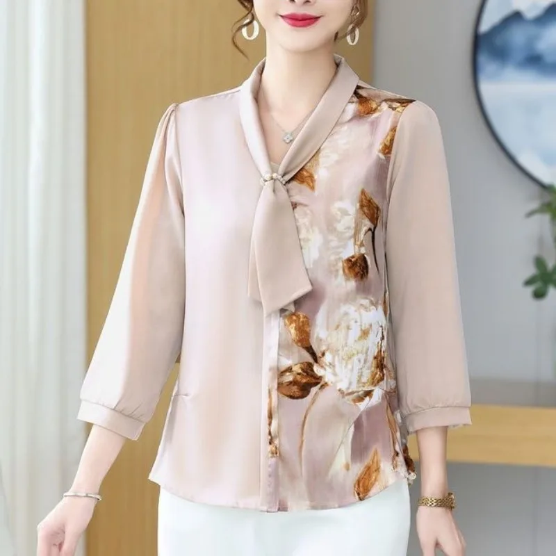 Plant&Flowers Printing Women's Pullover Chiffon Lantern Long Sleeve Scarf Collar Elegant T-shirt Casual Spring Summer Tops