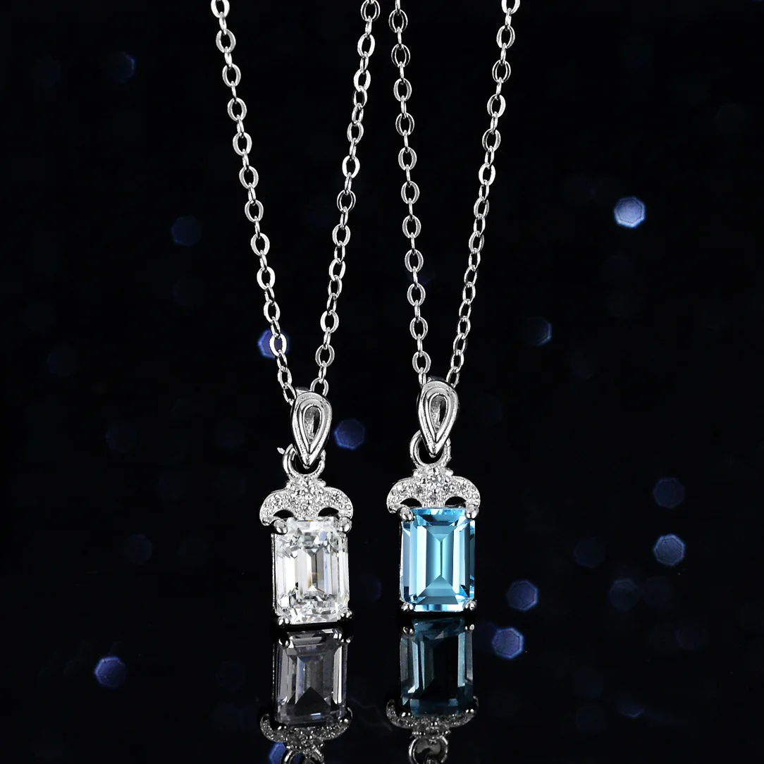 

18K Gold Natural Blue Topaz Moissanite Necklace Pendant Women's One Carat Platinum PT950 Geometric Rectangular Emerald Cut
