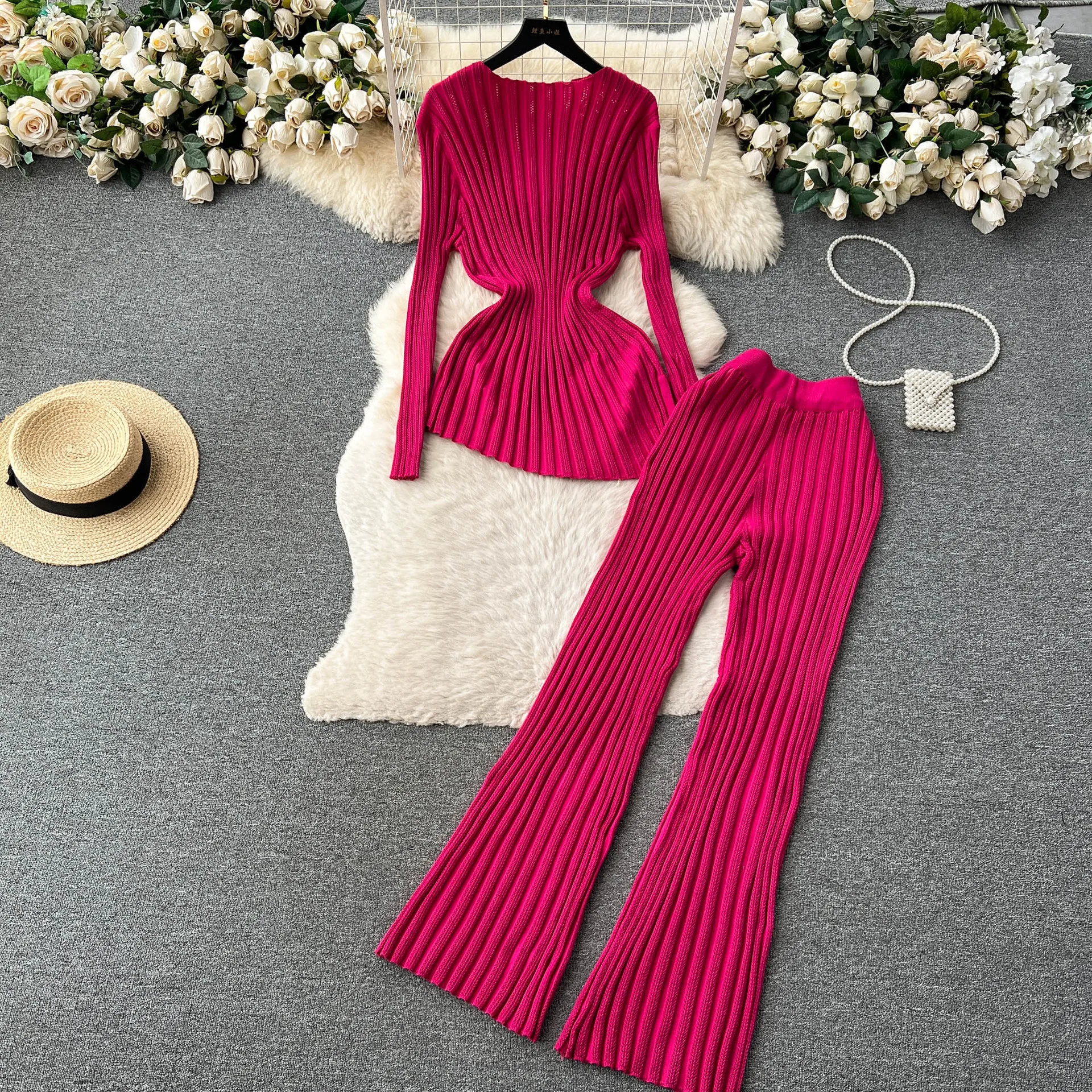 

Vintage Women Casual Knit Home Suit Long Sleeve O Neck Top Elastic Waist Long Pants Pajamas Set Fashion Elegant Sweater Suit New