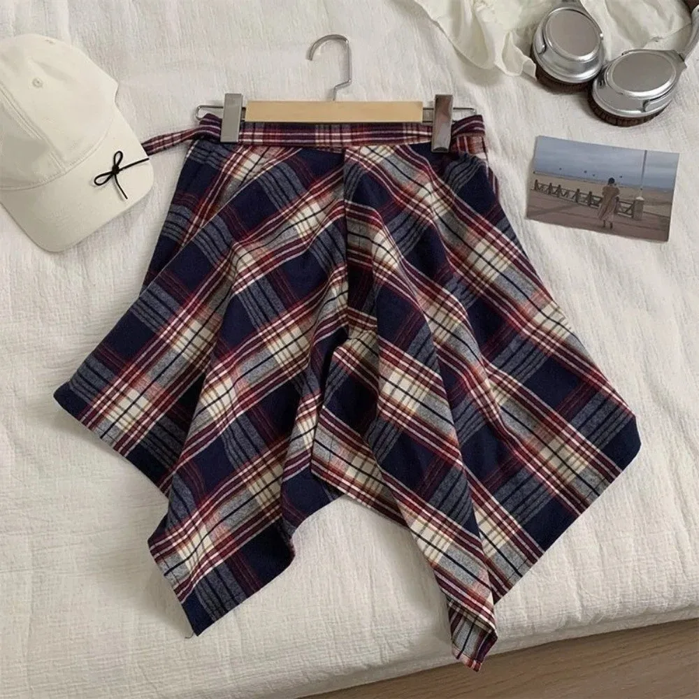 Curtain Design Irregular Plaid Skirt Underskirt Hip-hop Grid Wrap Skirt Vintage Lace Up A-line Shortskirt Cool Girls