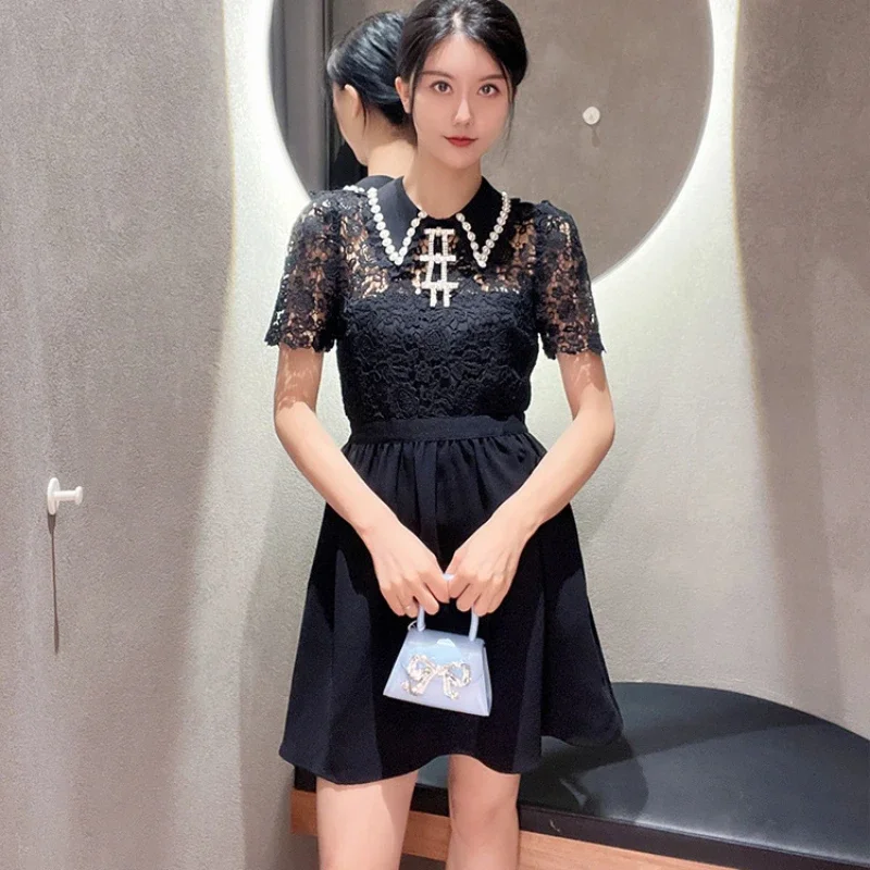 

Women's black lace dress hollow short sleeve elegant dress party evening elegant luxury celebrity