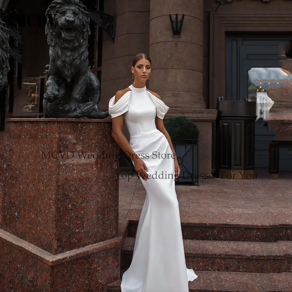 

MCDV Mermaid Sleeveless Wedding Dress Satin Off Shoulder Pleat Sweep Train Woman Satin Bridal Gown Vestidos De Novia Customized