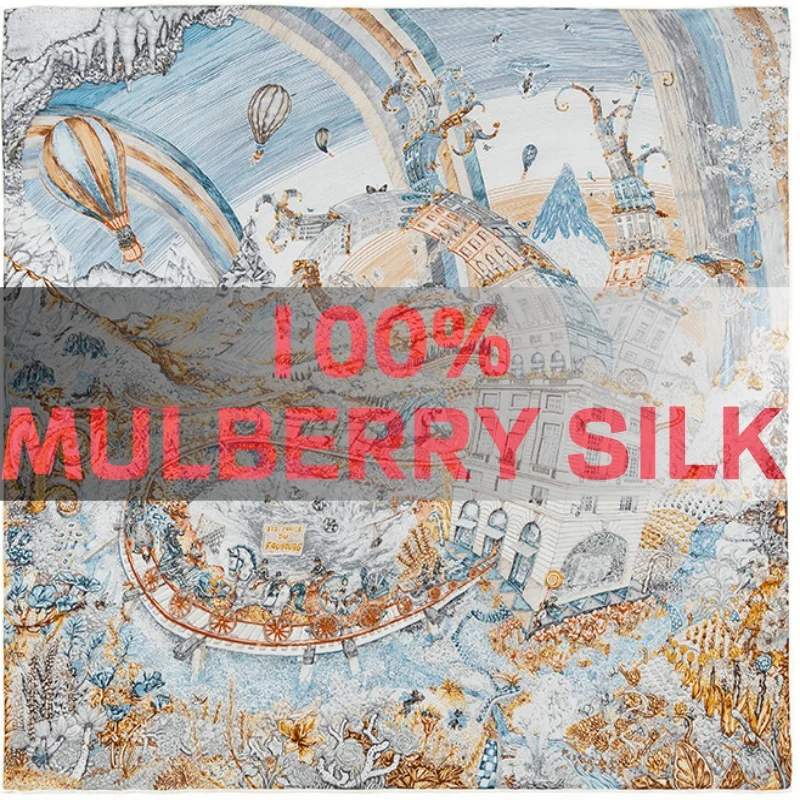 

100% Mulberry Silk Scarf Dreamy Fairy Tale Amusement Park Print Light Luxury Twill Square Scarf Women Neck Head Scarf Bandana