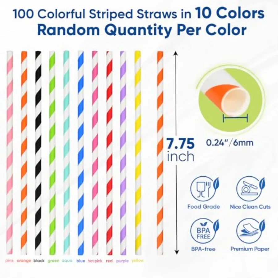 [100 Counts] 7.75 Inch Colorful Striped Disposable Paper Drinking Straws, 10 Assorted Colors, Compostable - for Cocktail, Party