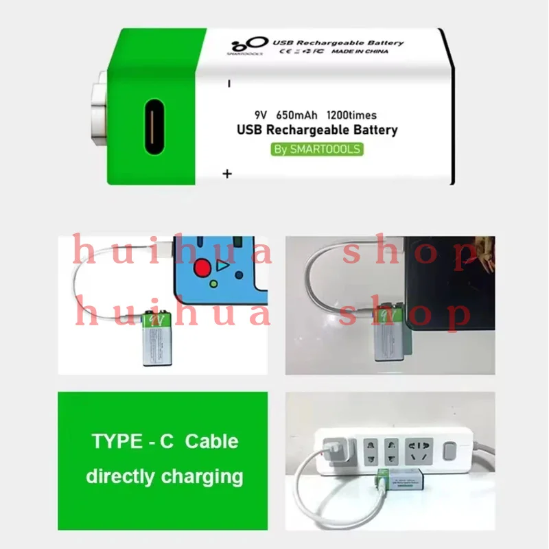 9V Lithium Ion Rechargeable Battery Type-C USB Battery 9V Multimeter Lithium Microphone Metal Detector Cable Remote