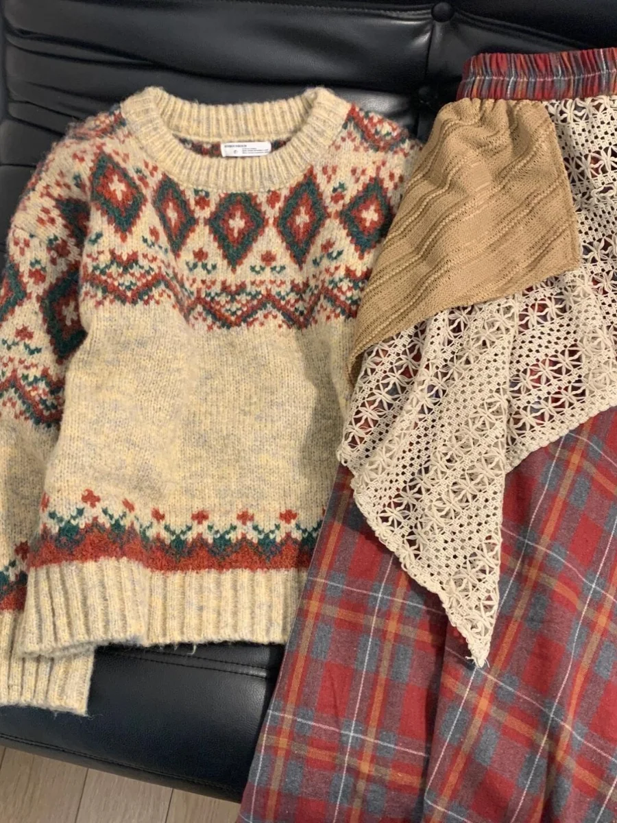 เสื้อสเวตเตอร์ถักไหมพรมผู้หญิงสไตล์เรโทรฮ่องกง ลาย Fair Isle นุ่ม อุ่น ใส่สบาย เหมาะสำหรับฤดูใบไม้ร่วงและฤดูหนาว แฟชั่น