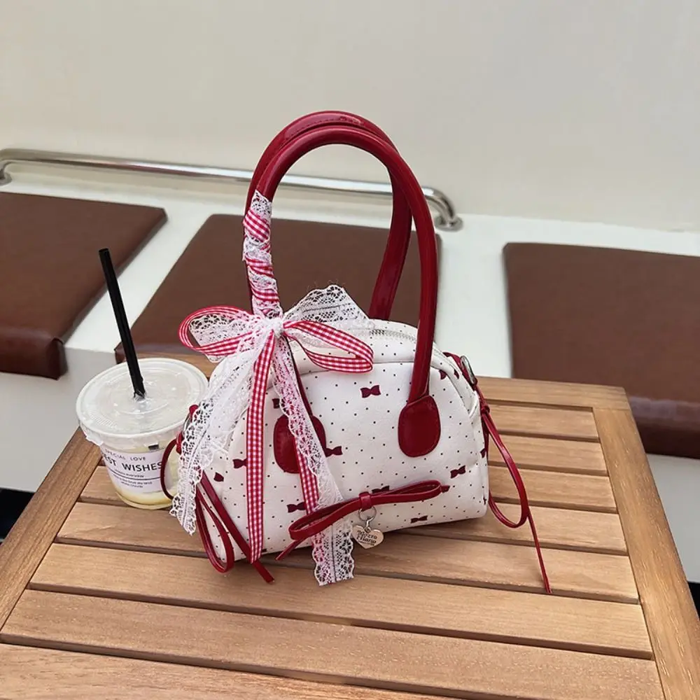 

Trendy French Style Bow Ribbons Bowling Bag Lace Ribbon Elegant Boston Shoulder Bag PU Leather Casual Women Handbags School