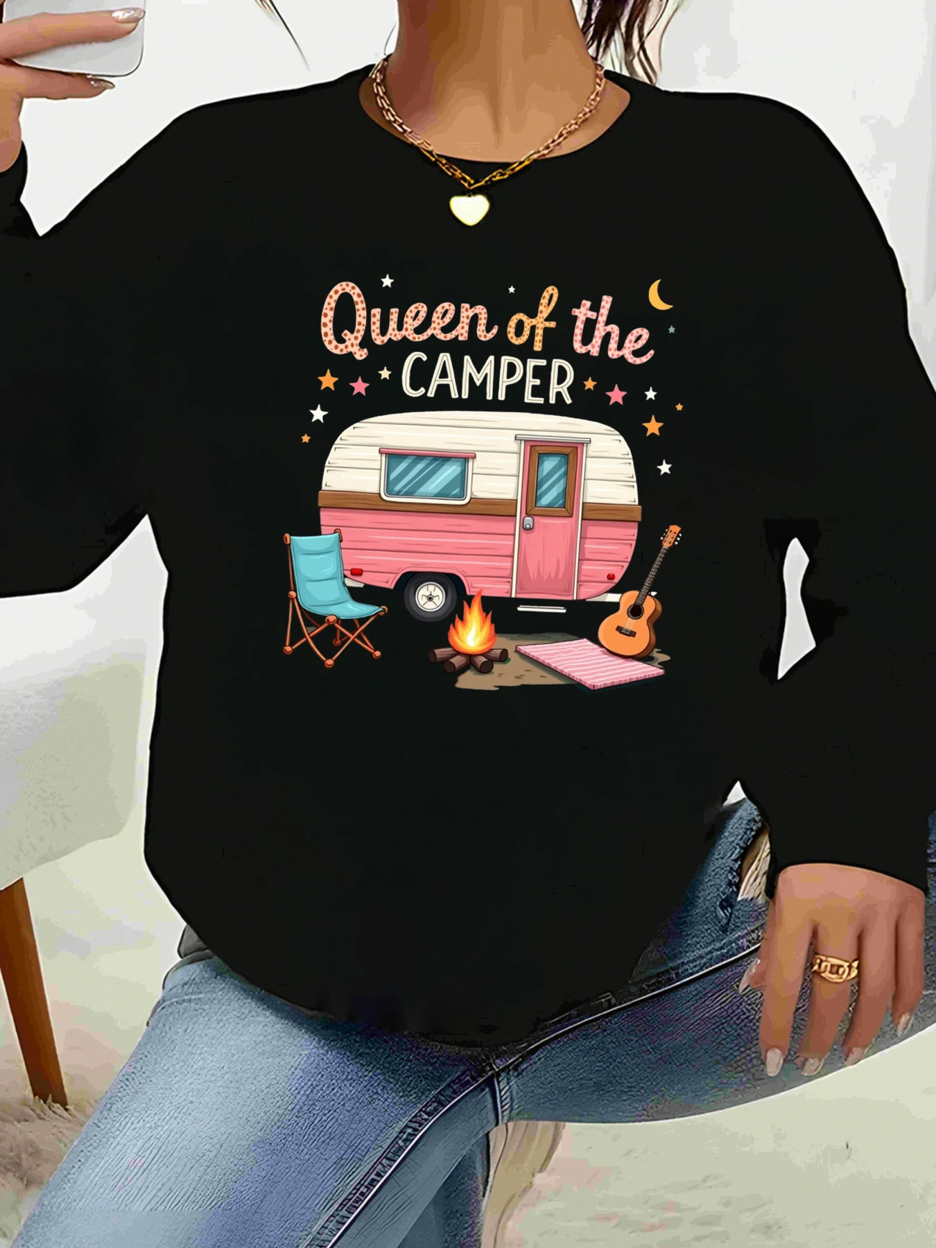 

Женская повседневная одежда с длинными рукавами и принтом Queen of the Camper для кемпинга и улицы