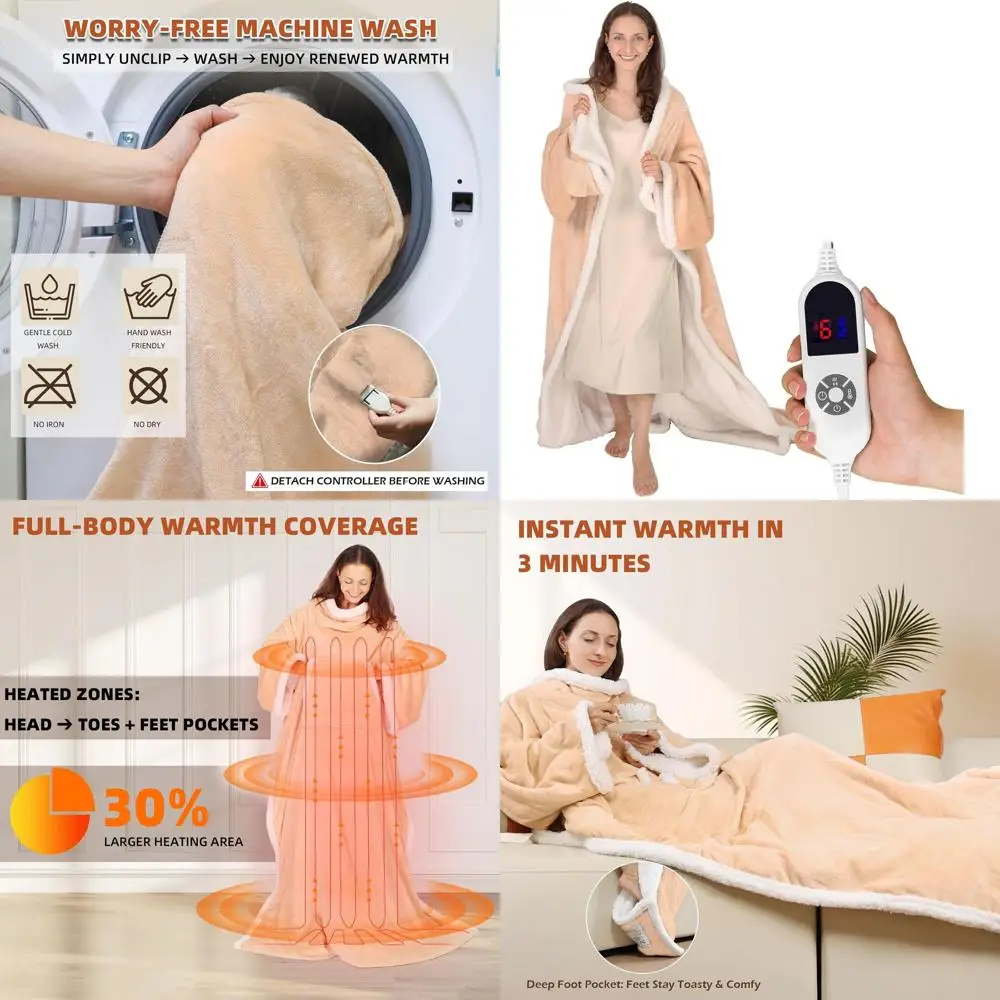 

Wearable Electric Blanket with Sleeves and Foot Pocket, 6 Heat Levels, 70x50 Cozy Flannel & Sherpa, Beige