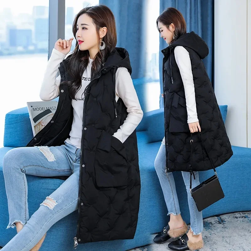 Women's Casual Long Down Cotton Vest Autumn Winter Cold Warm Waistcoat Fashion Windproof Hooded Parka Overcoat