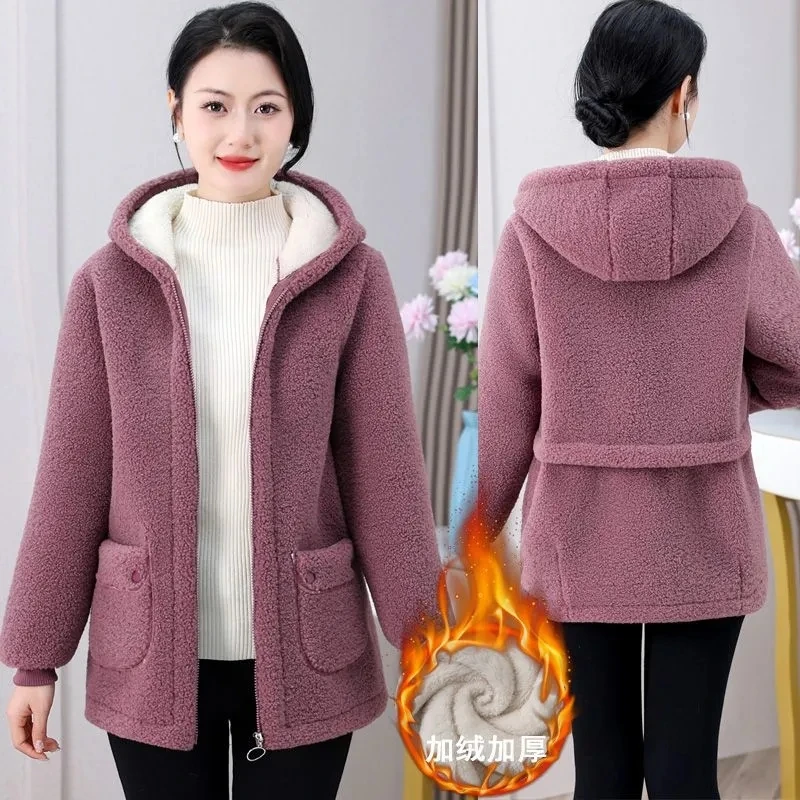 

Зимнее однобортное однобортное пальто из плотного флиса с мехом ягненка, новинка 2026, женское пальто с капюшоном и лацканами, теплая повседневная куртка из искусственного меха