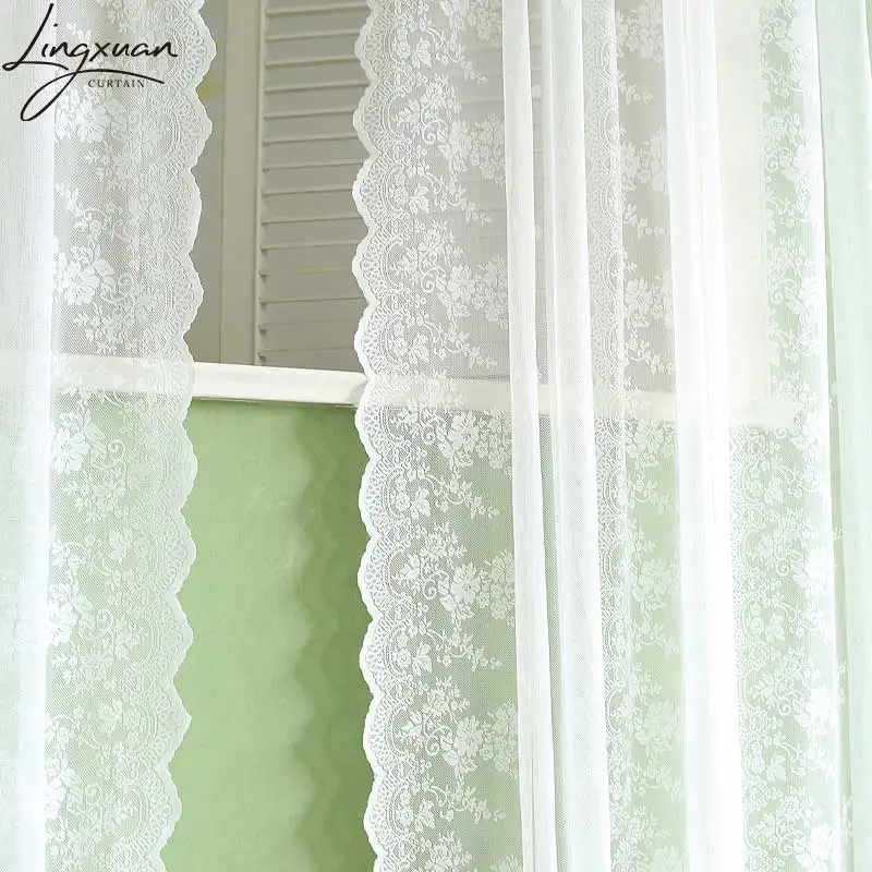 White Short Curtain Tulle Window Curtains For Bedroom Kitchen European Floral Lace Sheer Voile Drapes For Living Room Wedding