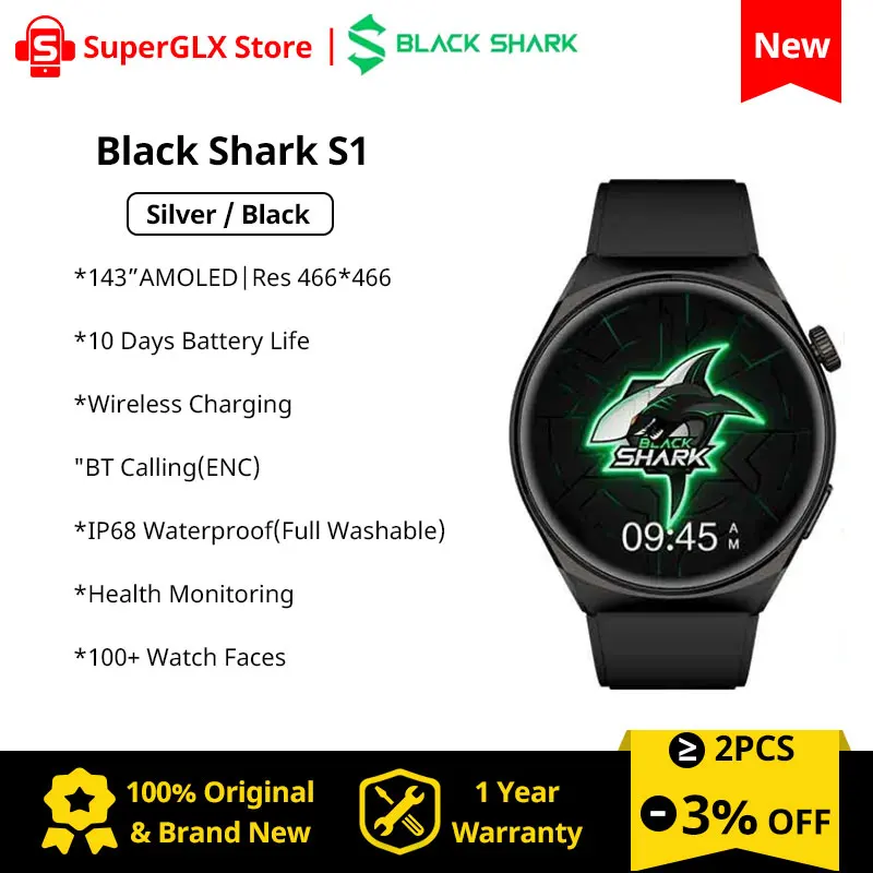 

Оригинальные Смарт-часы Black Shark S1 с экраном AMOLED 1,43 дюйма, фитнес-часы с мониторингом здоровья, срок службы батареи 10 дней