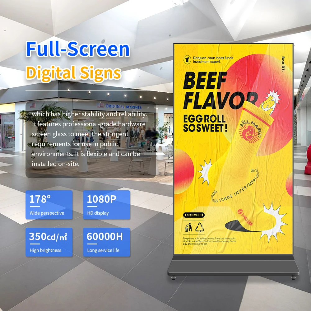 شاشة LCD داخلية مقاس 75/85 بوصة، شاشة عرض لافتات رقمية كاملة، قائمة على الأرض لاستخدام السوبر ماركت الداخلي