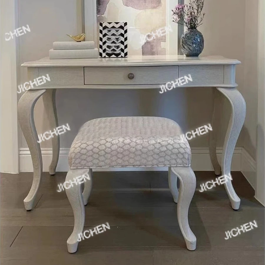 Toaletka w stylu vintage z litego drewna dębowego, biała, z szufladami, biurko do nauki/pracowania.