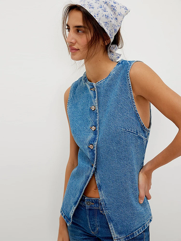 

Vintage Women's Denim Sleeveless Vest With Metal Butons O-Neck Comfortable Fit Top For Woman Casual Daily Streetwear Clothing