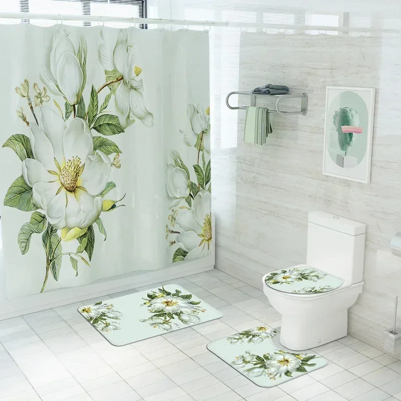 

Высококачественная маленькая свежая занавеска для душа, набор занавесок для ванной комнаты с принтом белых цветов, противоскользящий коврик, крышка унитаза, коврик для ванной
