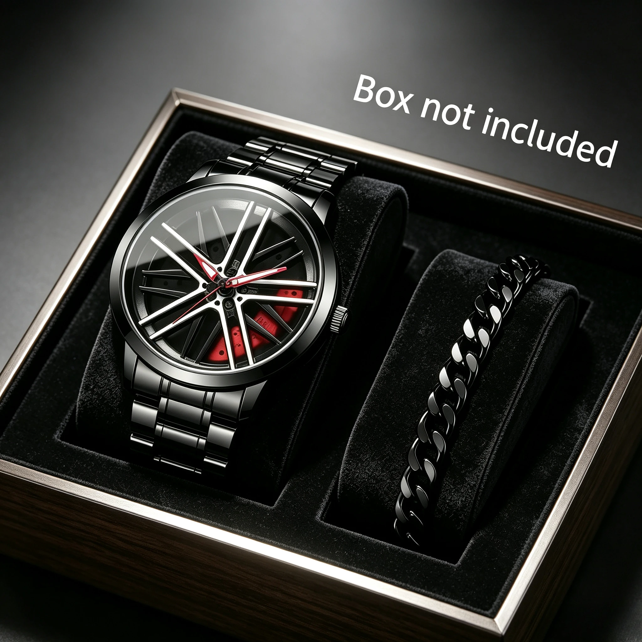 2PCS Men Car Rim Quartz Watch With Cuban Bracelet Black Stainless Steel Band Sports Male Wrist Watch Gift (Without Box)