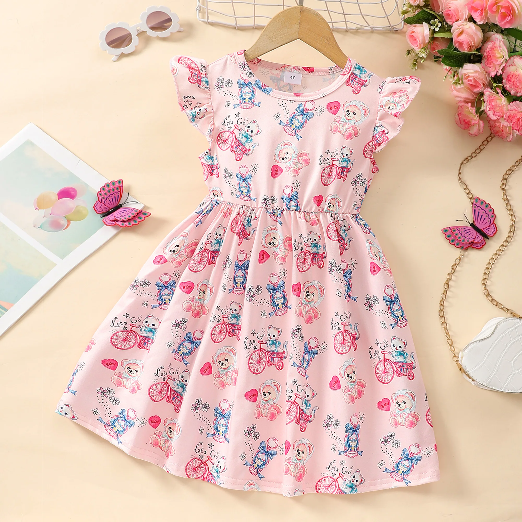 Butterflies Allover Ruffle Sleeve Dress For Girls, Comfy Breathable A-line Casual Dresses