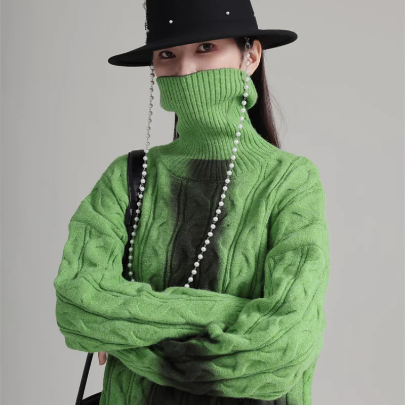 Turtlenecks Knitted Long Sweater Dress Women Cotton Pullover Top Loose Thick Vestidos Mujer 2024 Autumn Winter