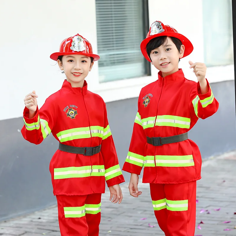 Firefighter Cosplay Costumes for Kids Professional Role-Playing Parent-Child Fire Suits Makeup Performance 7PCS