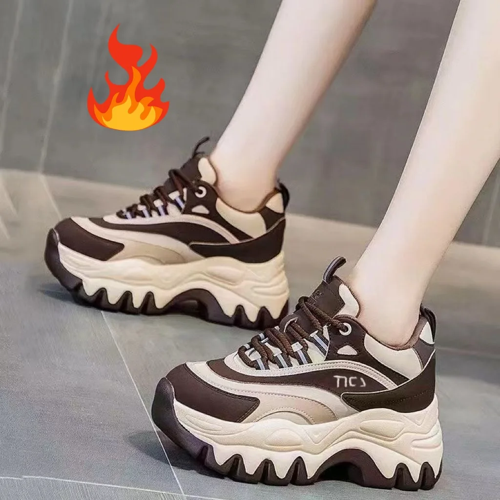 2025 Winter Chunky Daddy Shoes for Women Fashion PU Leather Height Increasing Platform Sneakers Ladies Warm Plush Casual Shoes