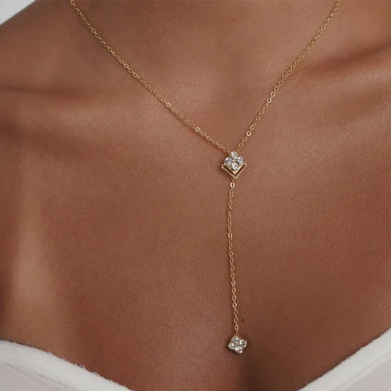 Rhinestone Y Necklace Crystal Square Pendant Lariat Drop Chain Adjustable Delicate Jewelry for Women Wedding Party Evening Gift
