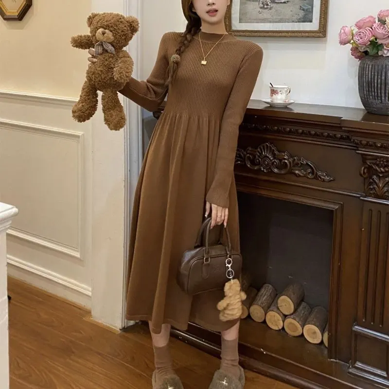 

Aura Half High Collar Knitted Dresses Spring Autumn Solid Color Vintage Female Clothing Basic Commute A-Line Waist Midi Dress