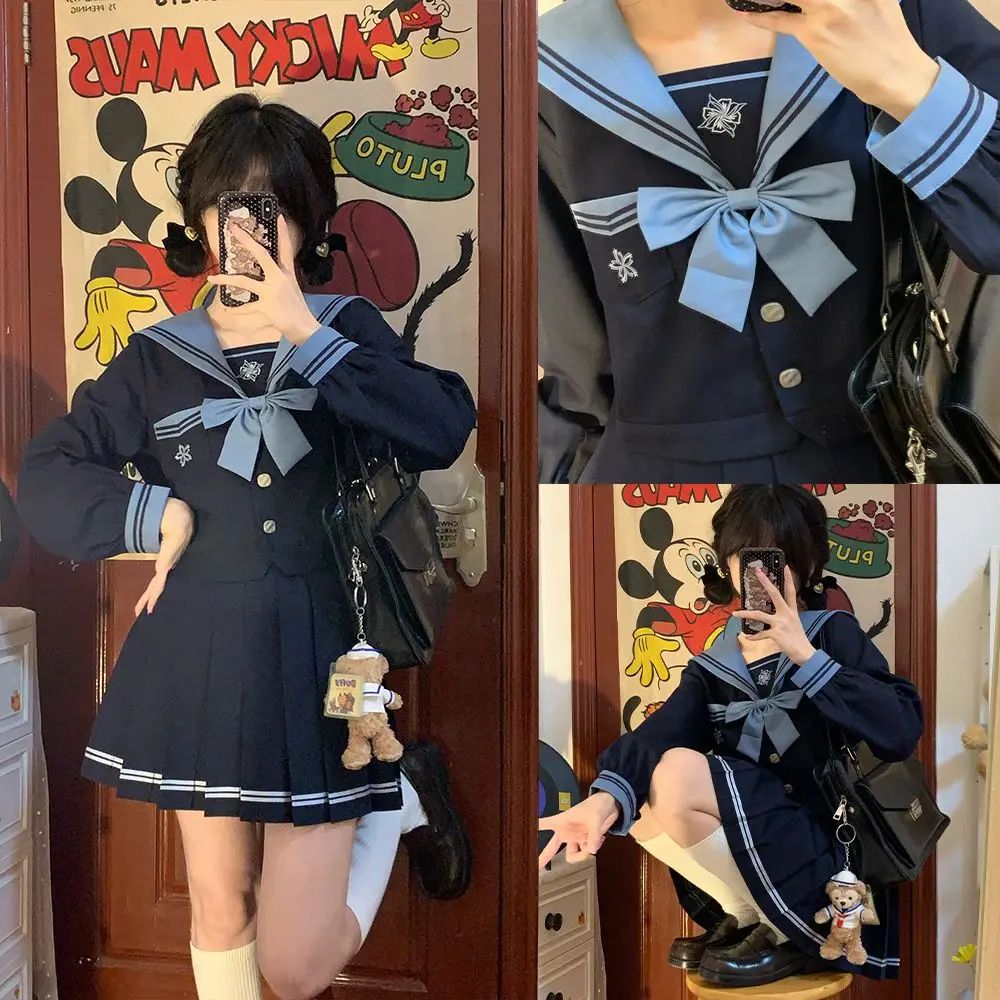 Student Union JK Uniform Sailor Suit Blue Skirt Long Sleeve Navy Collar Bow Tie Two Colors Two-piece Set Vitality Kawaii