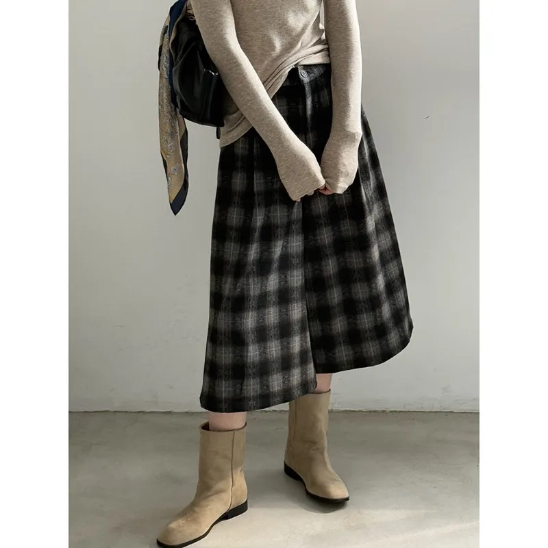 Autumn and Winter Versatile Straight Retro Woolen Plaid Wide-leg Pants Women's Casual Cropped Pants