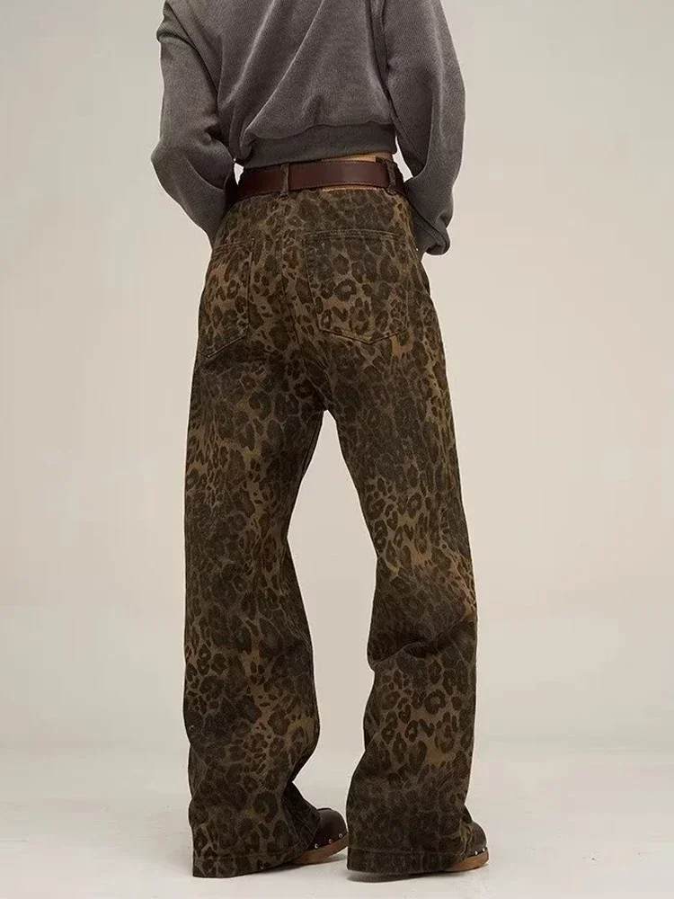 HOUZHOU-pantalones vaqueros de leopardo tostado para mujer, pantalones de mezclilla femeninos de gran tamaño, pantalones de pierna ancha, ropa de calle, ropa Vintage de Hip Hop, ropa suelta informal