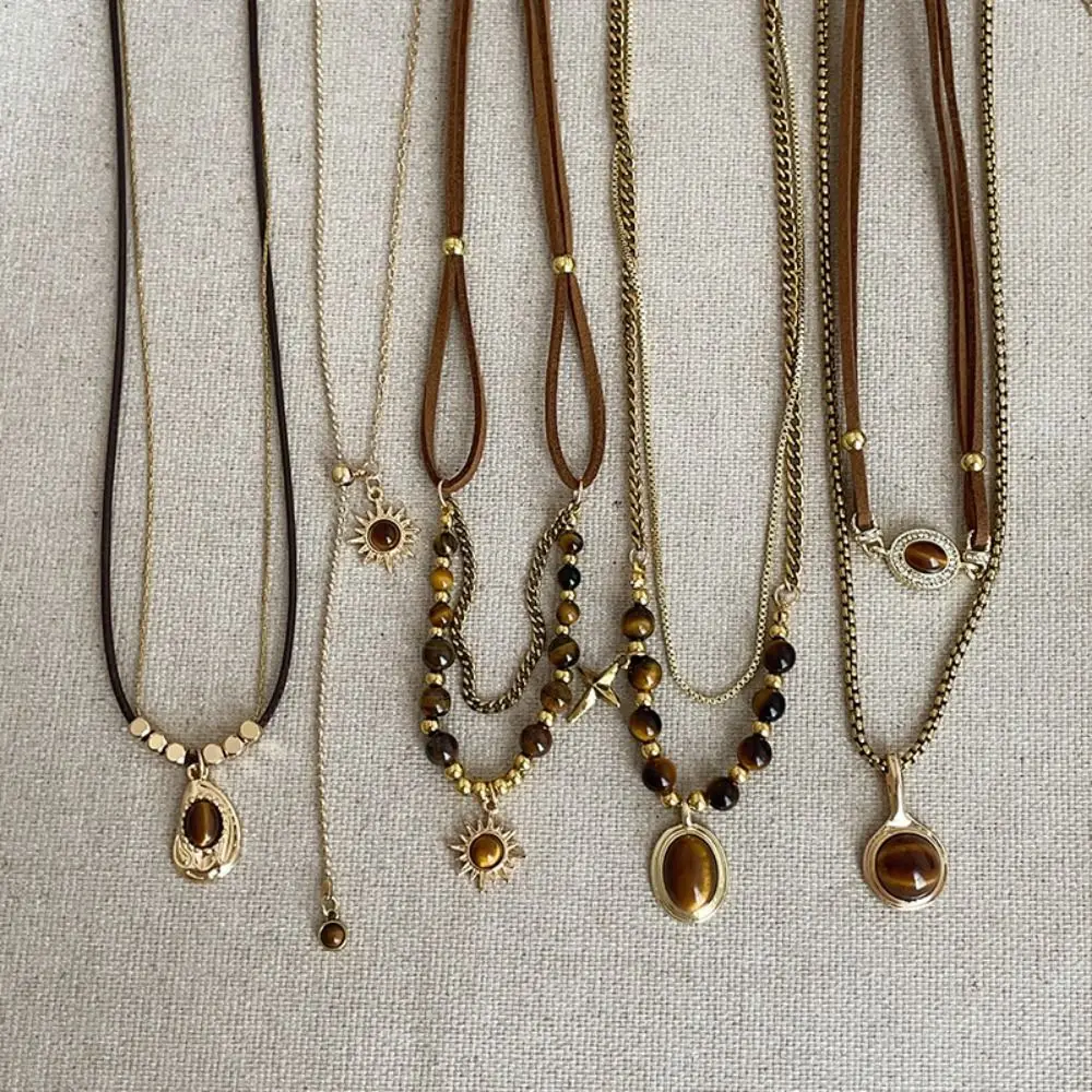 New Brown Stone Pendant Necklace Gothic Stacking Clavicle Chain Beads Double-Layer Sweater Chain Jewelry