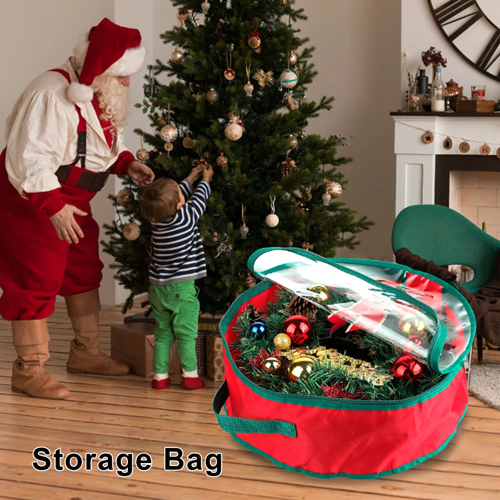 Folding Christmas Wreath Storage Bag With Handle Transparent Cover Tear Resistant Clean Up Holiday Carry Organizer Container