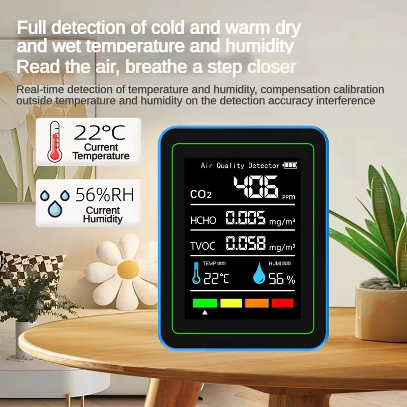 5 In 1 Household Indoor Air Quality Detector CO2 HCHO TVOC Monitor de humedad y temperatura probador de CO2,LCD USB recargable