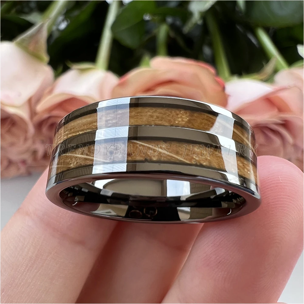 8 mm Herren- und Damenring, Wolfram-Ehering, Paar-Modeschmuck, Whiskyfass, Holzeinlage, poliert, glänzend, bequeme Passform – Detail 6
