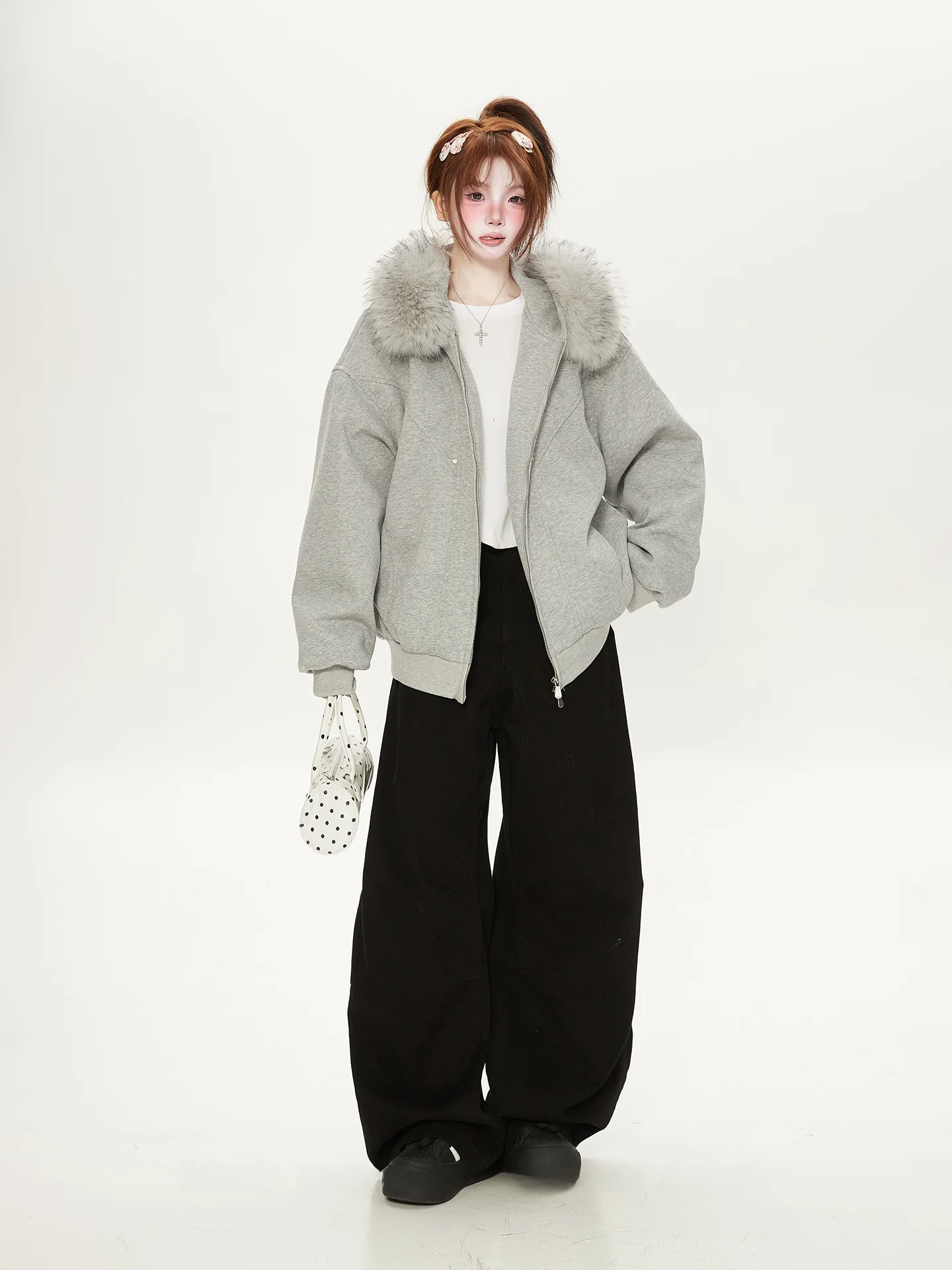 

American Casual Loose Detachable Large Fur Collar Jaet Women's Autumn Winter Thiened Hooded Zipper Coat Trendy Open Cardigan