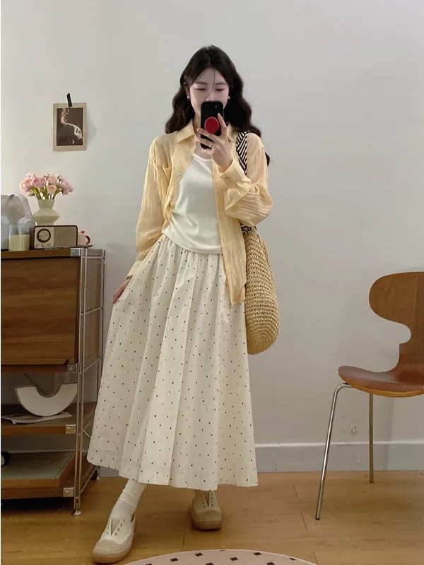 

plus Size Women's Gentle Sle Long Sve Sun Protection irt Top High Waist Wide Leg Pants Skirt Set Spring Summer New Arr...