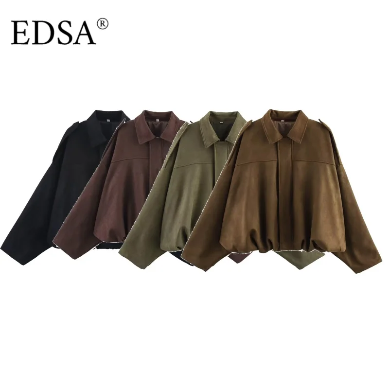 

EDSA женская замшевая куртка-бомбер с длинным рукавом на молнии оверсайз весенне-осеннее пальто шикарная женская уличная верхняя одежда